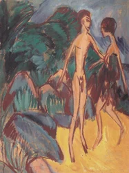 Jeune homme nu et jeune fille sur la plage